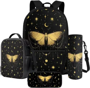 Poceacles Kids Backpack Set for School Travel, 4-Piece Sets Including Lightweight Rucksack, Lunch Bag, Pencil Case, Bottle Bag, for Students Teenagers Adults, Butterfly Moon Star