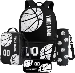 Poceacles Kids School Bag Set 4 in 1, Customize Your Name and Number, Backpack and Lunch Bag Set with Pencil Case Water Bottle Carrier, Personalized Rucksack School Supplies, Black Basketball