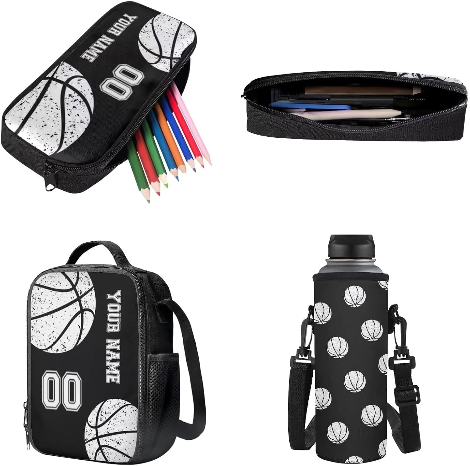 Poceacles Kids School Bag Set 4 in 1, Customize Your Name and Number, Backpack and Lunch Bag Set with Pencil Case Water Bottle Carrier, Personalized Rucksack School Supplies, Black Basketball