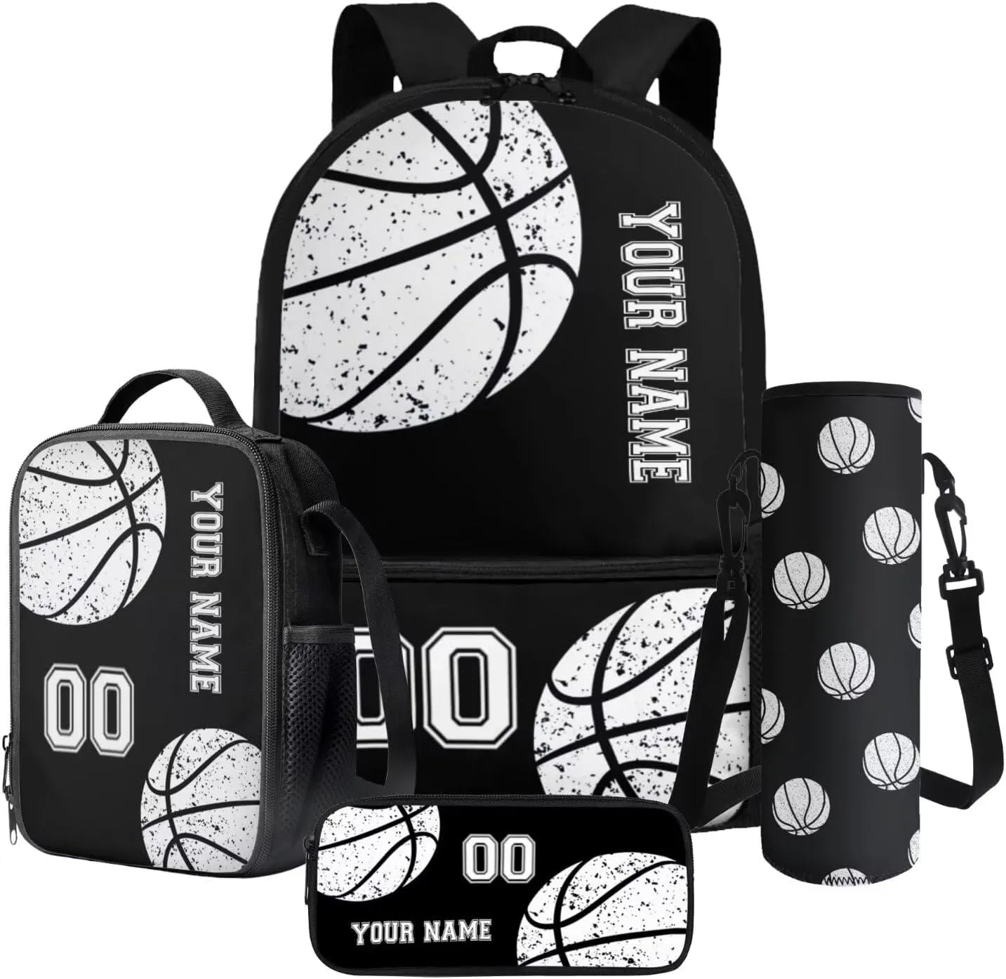 Poceacles Kids School Bag Set 4 in 1, Customize Your Name and Number, Backpack and Lunch Bag Set with Pencil Case Water Bottle Carrier, Personalized Rucksack School Supplies, Black Basketball
