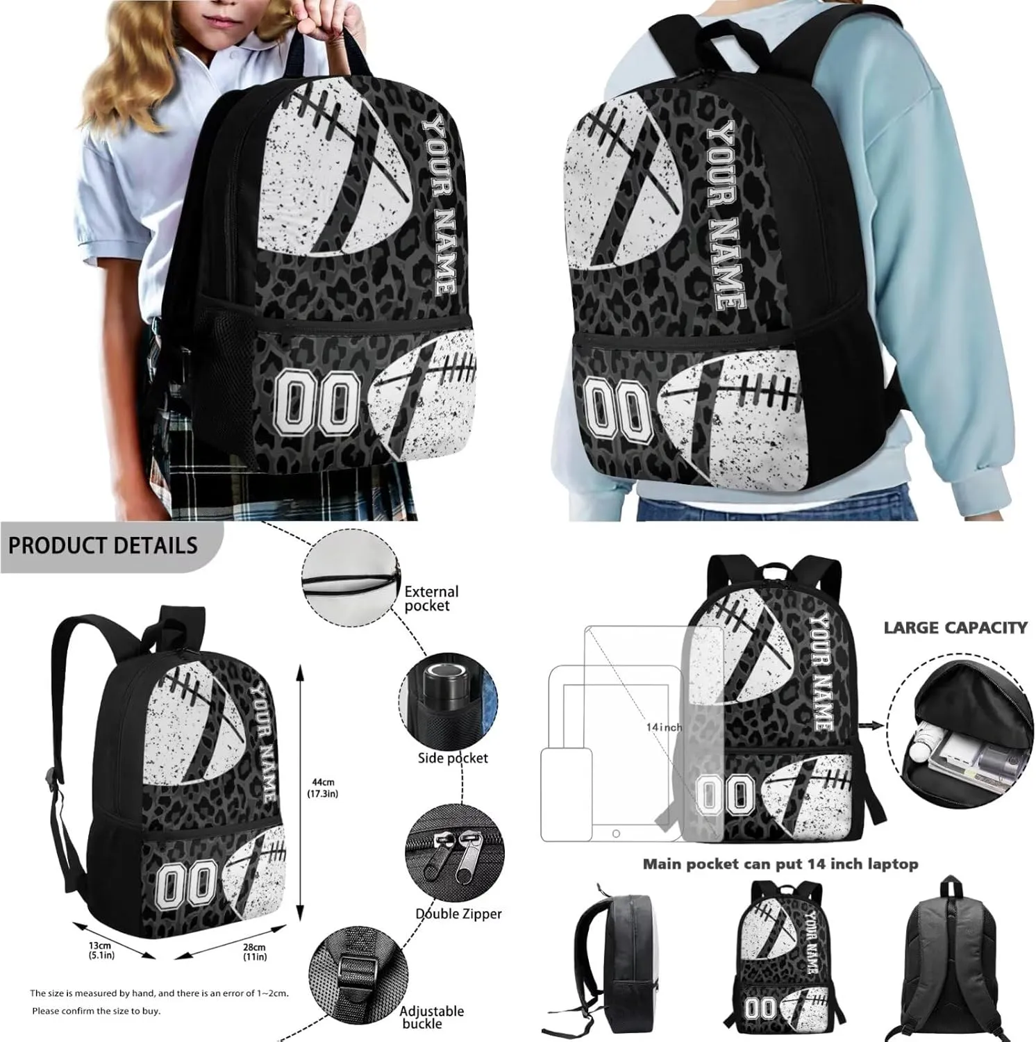 Poceacles Personalized Backpack Set for Girls Boys with Lunch Box Bag Pencil Case Bottle Sleeve 4 PCS Cool Sporty Schoolbag Set for Students Teenagers Kids, Leopard Print Grey Black American Football
