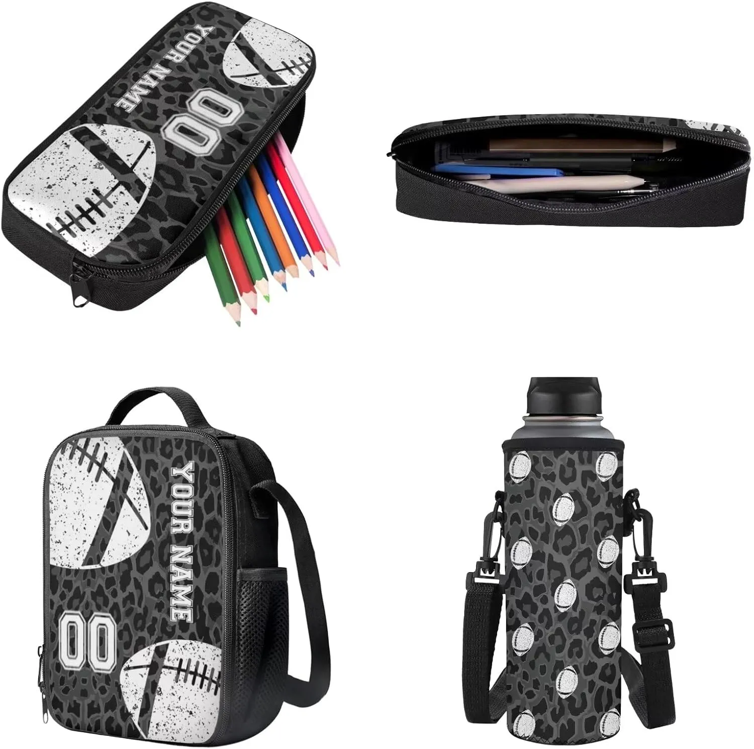 Poceacles Personalized Backpack Set for Girls Boys with Lunch Box Bag Pencil Case Bottle Sleeve 4 PCS Cool Sporty Schoolbag Set for Students Teenagers Kids, Leopard Print Grey Black American Football