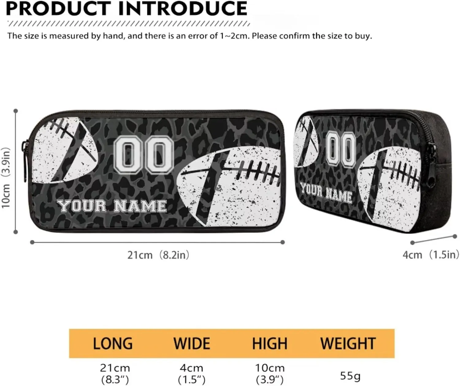 Poceacles Personalized Backpack Set for Girls Boys with Lunch Box Bag Pencil Case Bottle Sleeve 4 PCS Cool Sporty Schoolbag Set for Students Teenagers Kids, Leopard Print Grey Black American Football