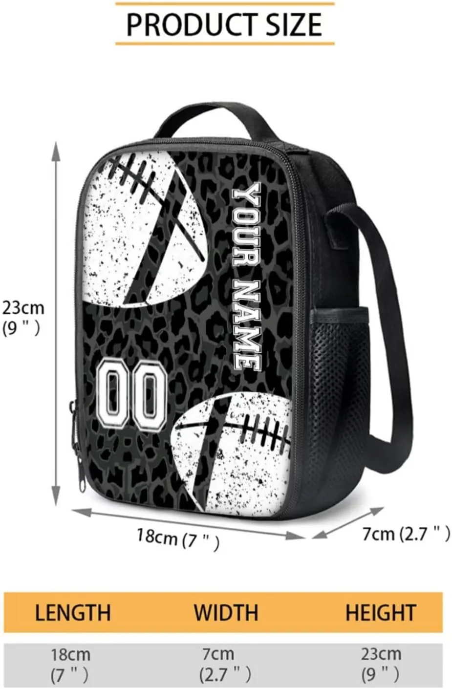 Poceacles Personalized Backpack Set for Girls Boys with Lunch Box Bag Pencil Case Bottle Sleeve 4 PCS Cool Sporty Schoolbag Set for Students Teenagers Kids, Leopard Print Grey Black American Football