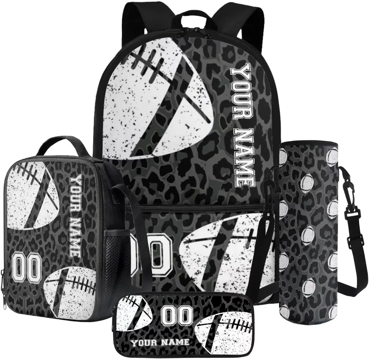 Poceacles Personalized Backpack Set for Girls Boys with Lunch Box Bag Pencil Case Bottle Sleeve 4 PCS Cool Sporty Schoolbag Set for Students Teenagers Kids, Leopard Print Grey Black American Football