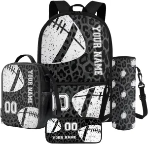 Poceacles Personalized Backpack Set for Girls Boys with Lunch Box Bag Pencil Case Bottle Sleeve 4 PCS Cool Sporty Schoolbag Set for Students Teenagers Kids, Leopard Print Grey Black American Football
