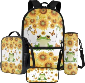 Poceacles School Backpack Set 4-Piece Students Bookbag Set, Includes Lightweight Backpack Insulated Lunch Bag Bottle Holder Pencil Case, Fits 14'' Laptop, Cute Frog Sunflower Butterfly Crack