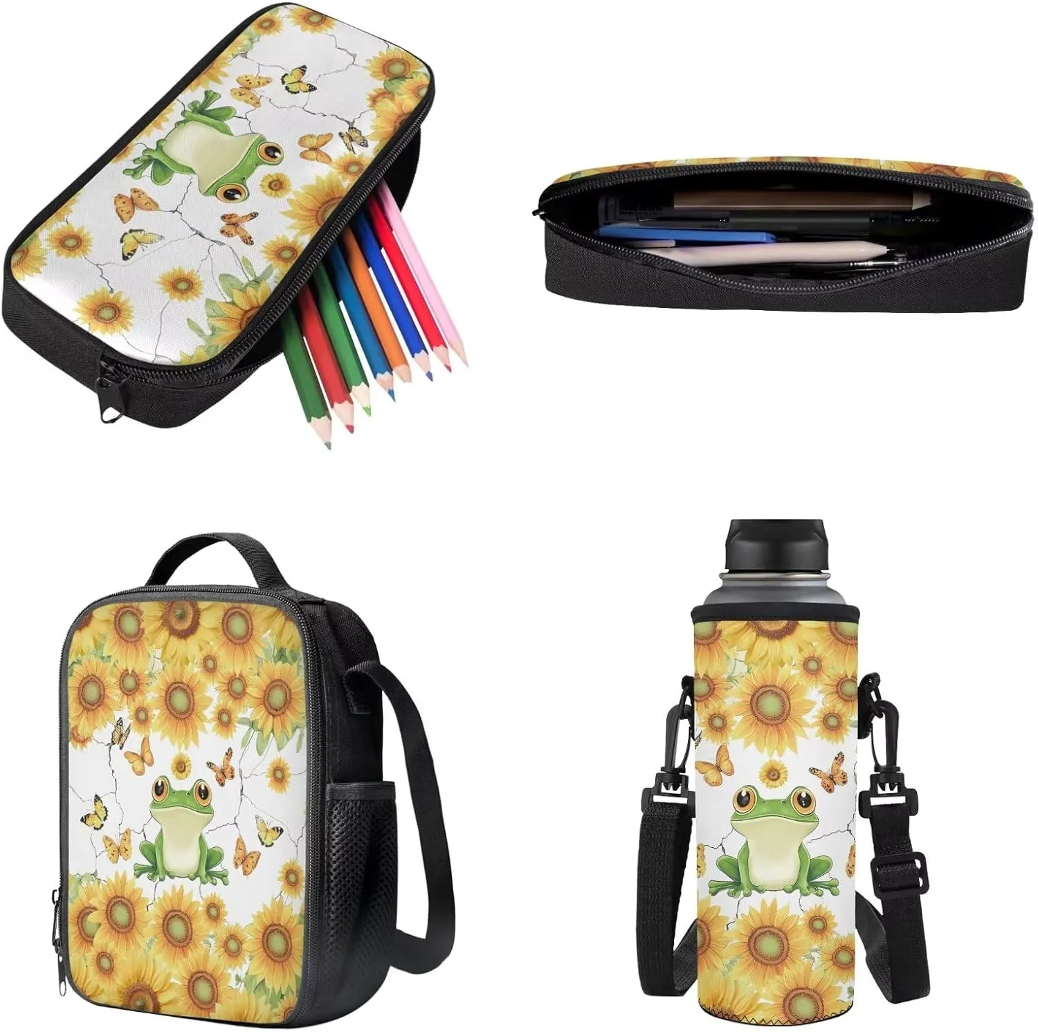 Poceacles School Backpack Set 4-Piece Students Bookbag Set, Includes Lightweight Backpack Insulated Lunch Bag Bottle Holder Pencil Case, Fits 14'' Laptop, Cute Frog Sunflower Butterfly Crack