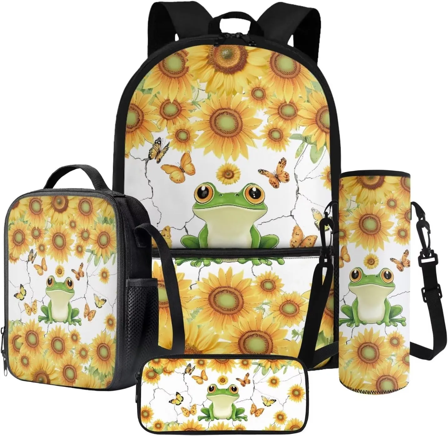 Poceacles School Backpack Set 4-Piece Students Bookbag Set, Includes Lightweight Backpack Insulated Lunch Bag Bottle Holder Pencil Case, Fits 14'' Laptop, Cute Frog Sunflower Butterfly Crack