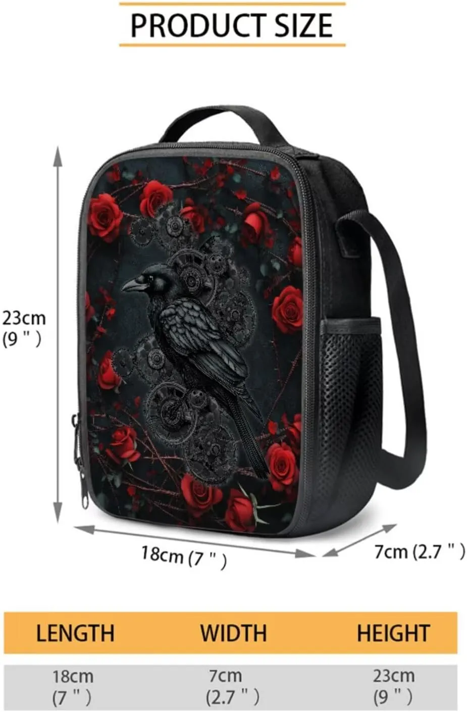 Poceacles School Backpack Set for Kids, 4-Piece Set with School Bag, Insulated Lunch Bag, Water Bottle Holder, Pencil Case, Stylish School Accessories Supplies, Gothic Mechanical Crow Rose