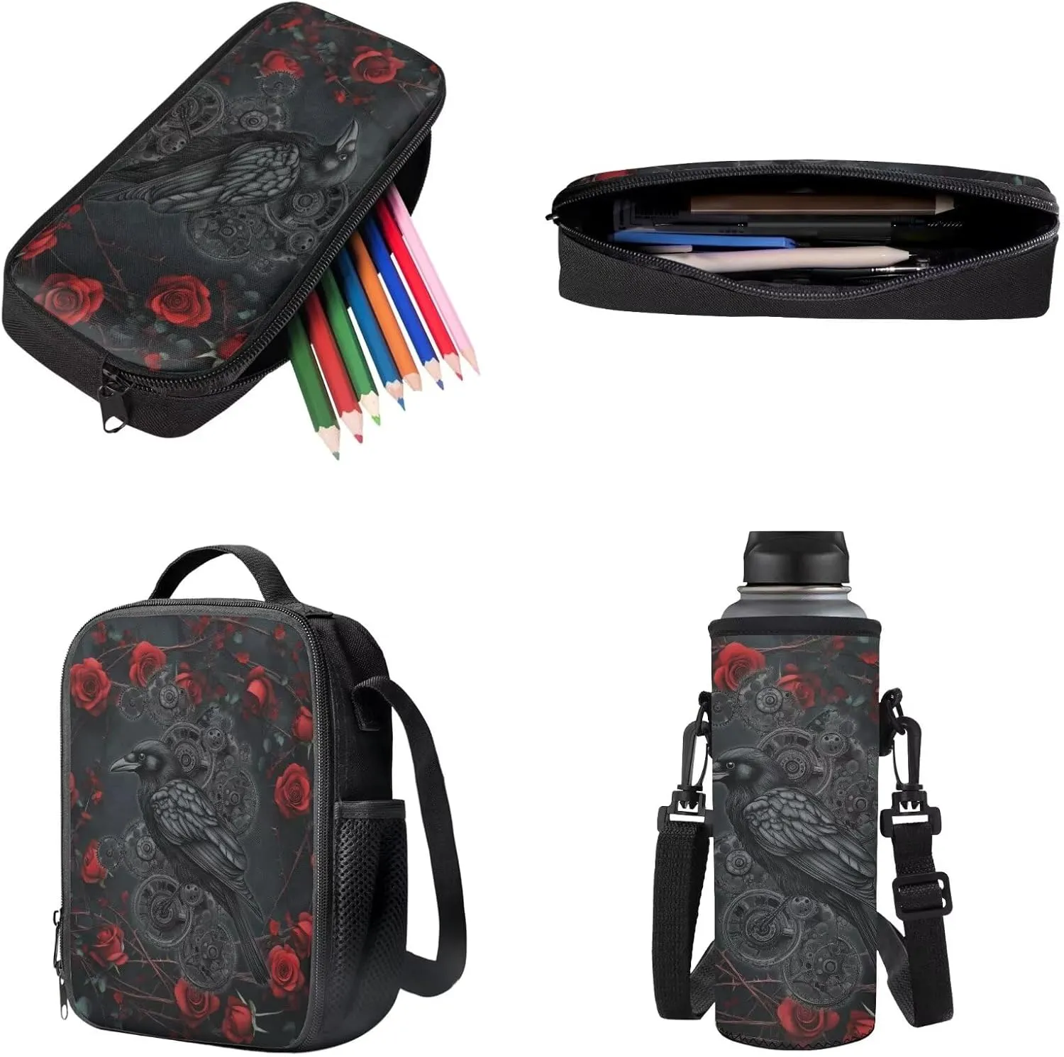 Poceacles School Backpack Set for Kids, 4-Piece Set with School Bag, Insulated Lunch Bag, Water Bottle Holder, Pencil Case, Stylish School Accessories Supplies, Gothic Mechanical Crow Rose