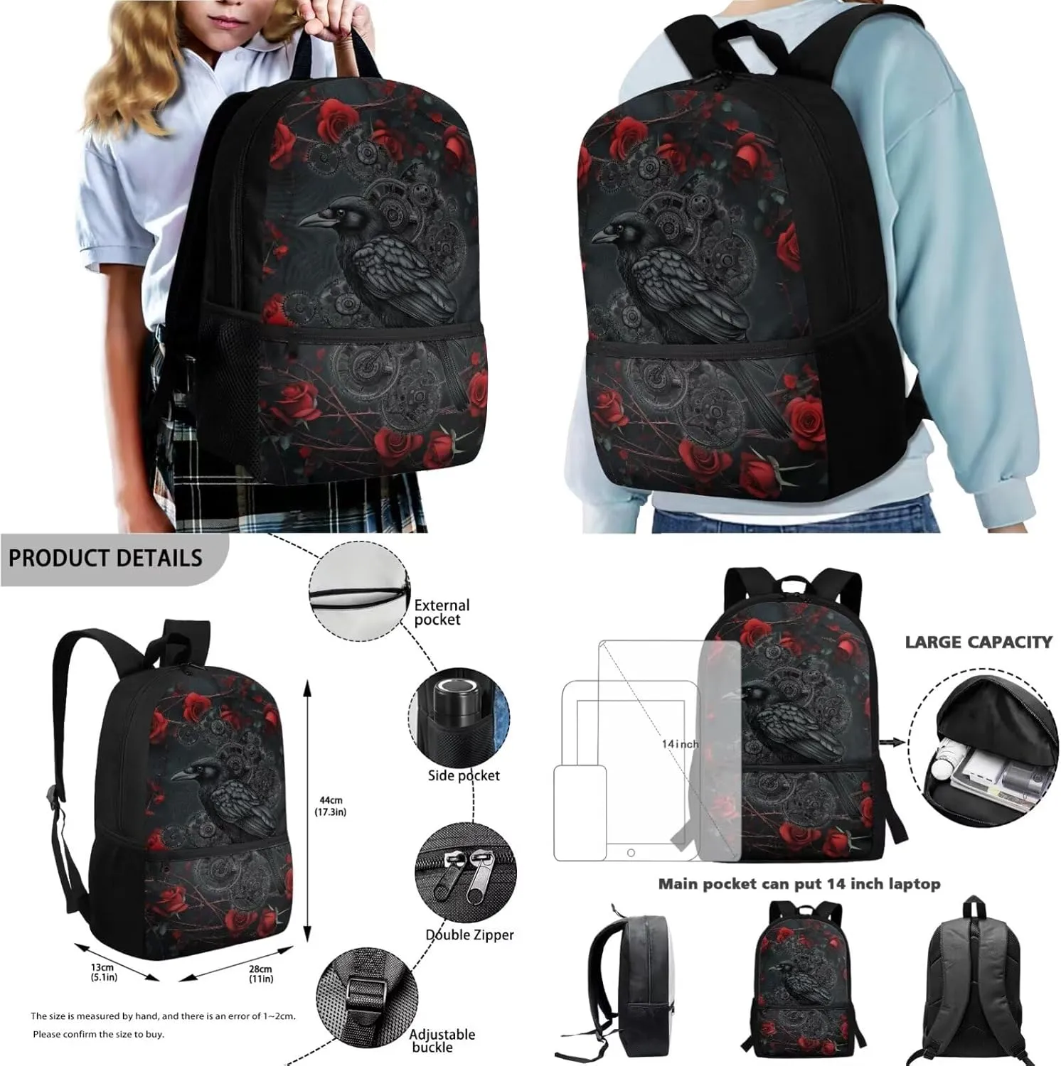 Poceacles School Backpack Set for Kids, 4-Piece Set with School Bag, Insulated Lunch Bag, Water Bottle Holder, Pencil Case, Stylish School Accessories Supplies, Gothic Mechanical Crow Rose