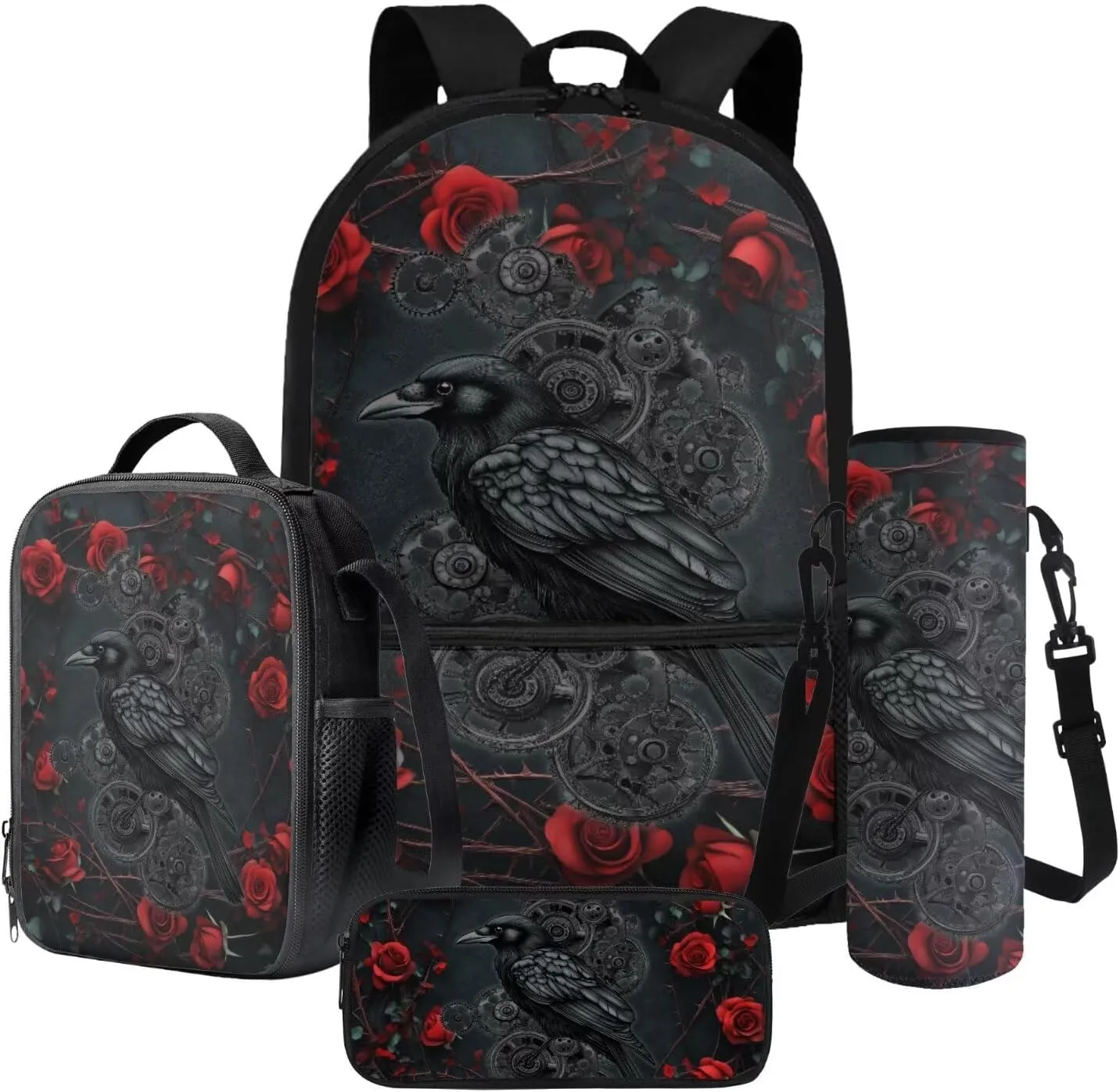 Poceacles School Backpack Set for Kids, 4-Piece Set with School Bag, Insulated Lunch Bag, Water Bottle Holder, Pencil Case, Stylish School Accessories Supplies, Gothic Mechanical Crow Rose