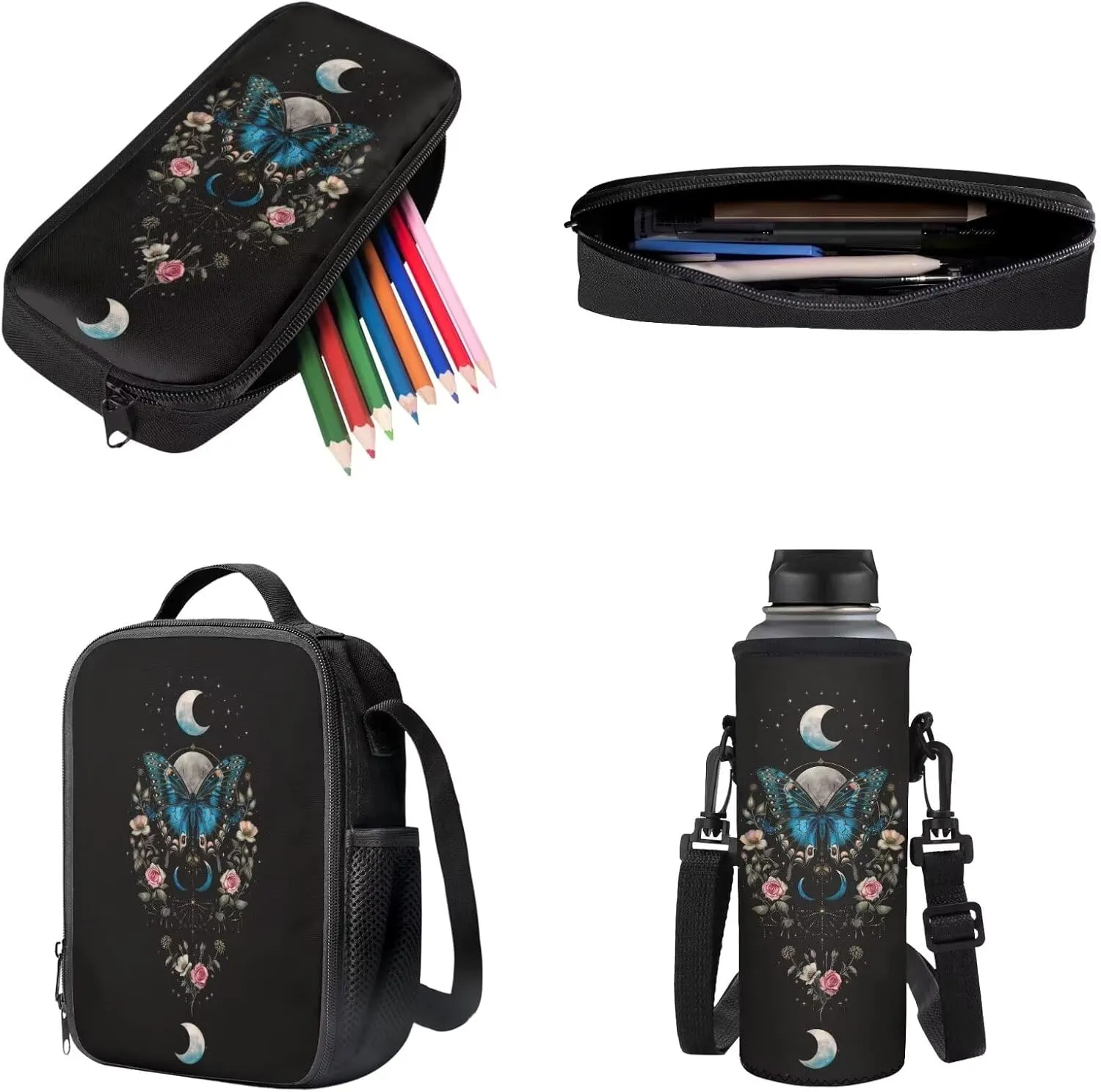 Poceacles School Backpack Sets 4 Piece with Insulated Lunch Box Bag Pen Case Water Bottle Carrier Spacious Rucksack with Dual Zipper for for Teens Boys Girls, Blue Butterfly Moon Rose Flower Black