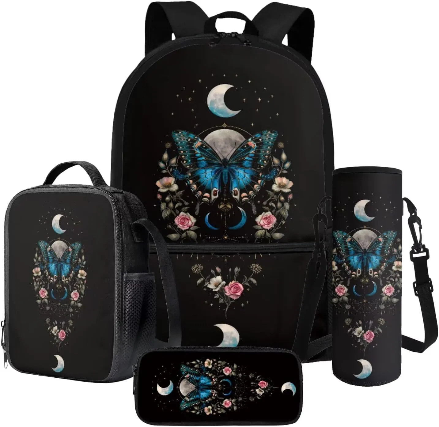 Poceacles School Backpack Sets 4 Piece with Insulated Lunch Box Bag Pen Case Water Bottle Carrier Spacious Rucksack with Dual Zipper for for Teens Boys Girls, Blue Butterfly Moon Rose Flower Black