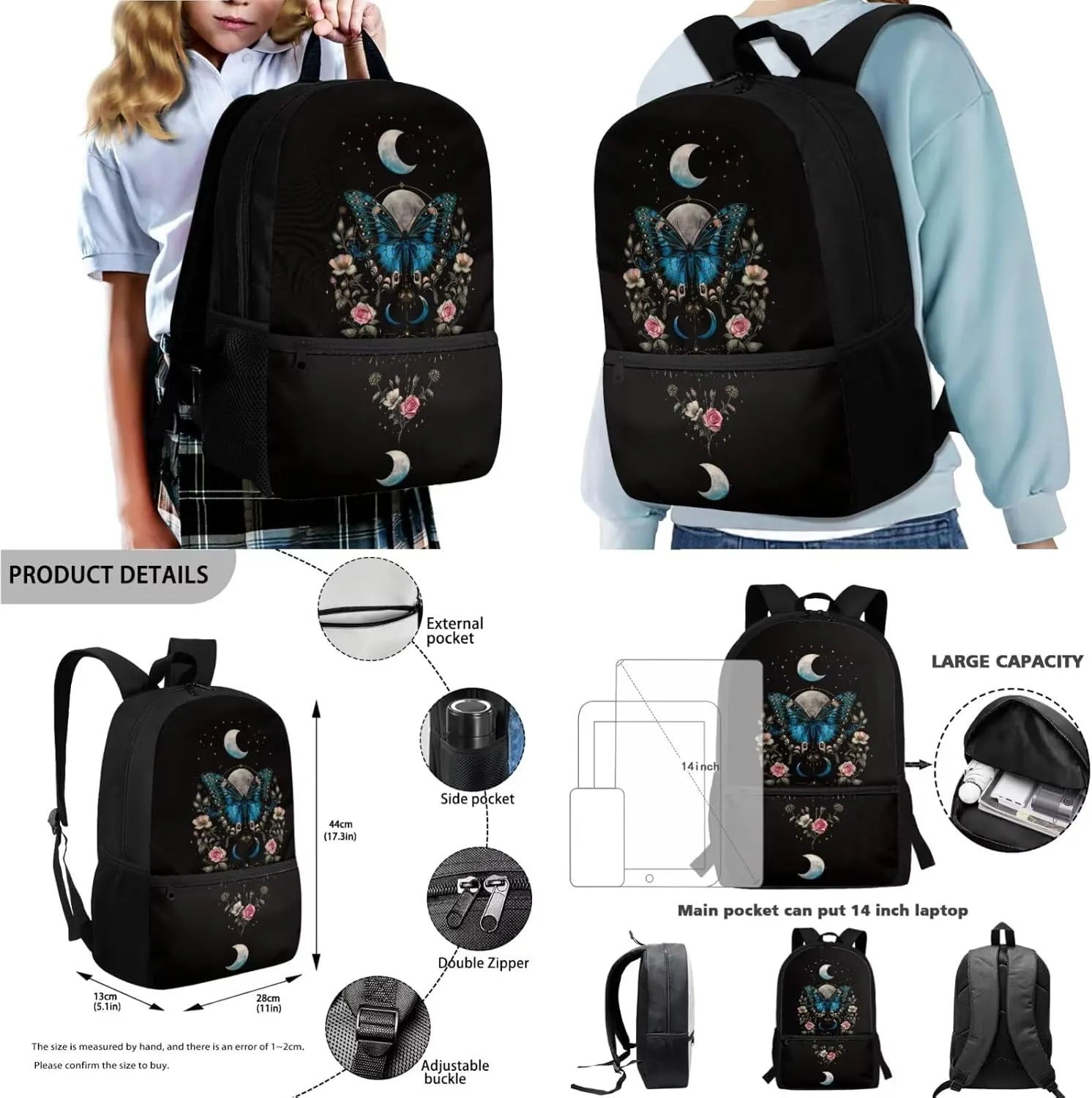 Poceacles School Backpack Sets 4 Piece with Insulated Lunch Box Bag Pen Case Water Bottle Carrier Spacious Rucksack with Dual Zipper for for Teens Boys Girls, Blue Butterfly Moon Rose Flower Black