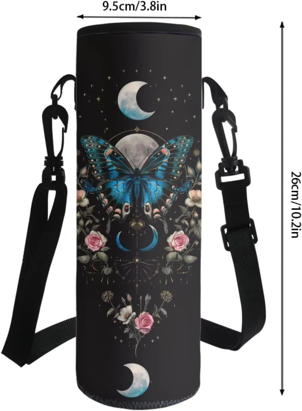 Poceacles School Backpack Sets 4 Piece with Insulated Lunch Box Bag Pen Case Water Bottle Carrier Spacious Rucksack with Dual Zipper for for Teens Boys Girls, Blue Butterfly Moon Rose Flower Black