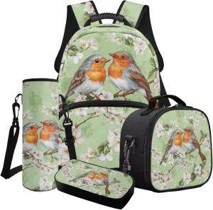 Poceacles School Bag 4 Piece Set for Girls Teens, 4 Piece Backpack Set with Pencil Case Lunch Tote Water Bottle Sleeve, Comfortable Lightweight Bookbag, Robin Bird Flower Green