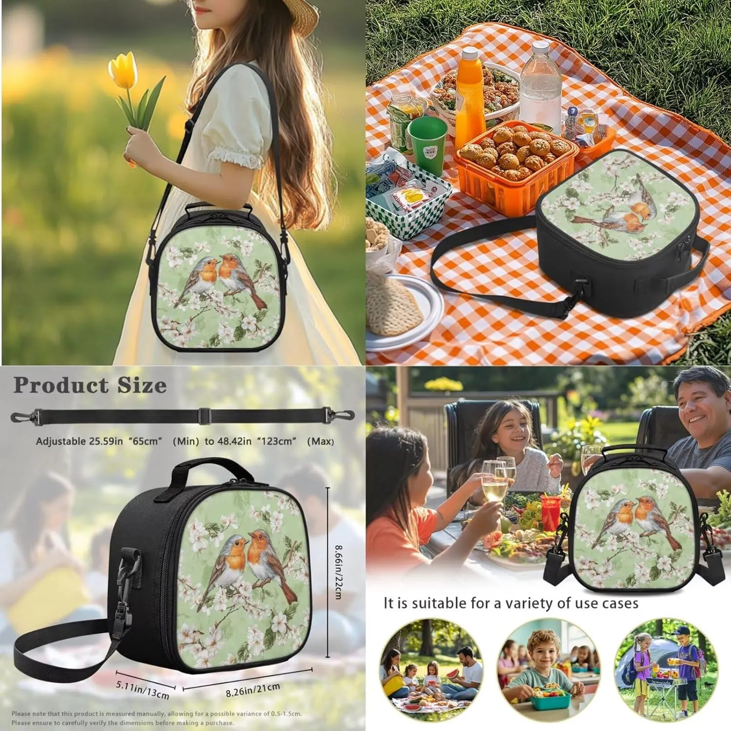Poceacles School Bag 4 Piece Set for Girls Teens, 4 Piece Backpack Set with Pencil Case Lunch Tote Water Bottle Sleeve, Comfortable Lightweight Bookbag, Robin Bird Flower Green