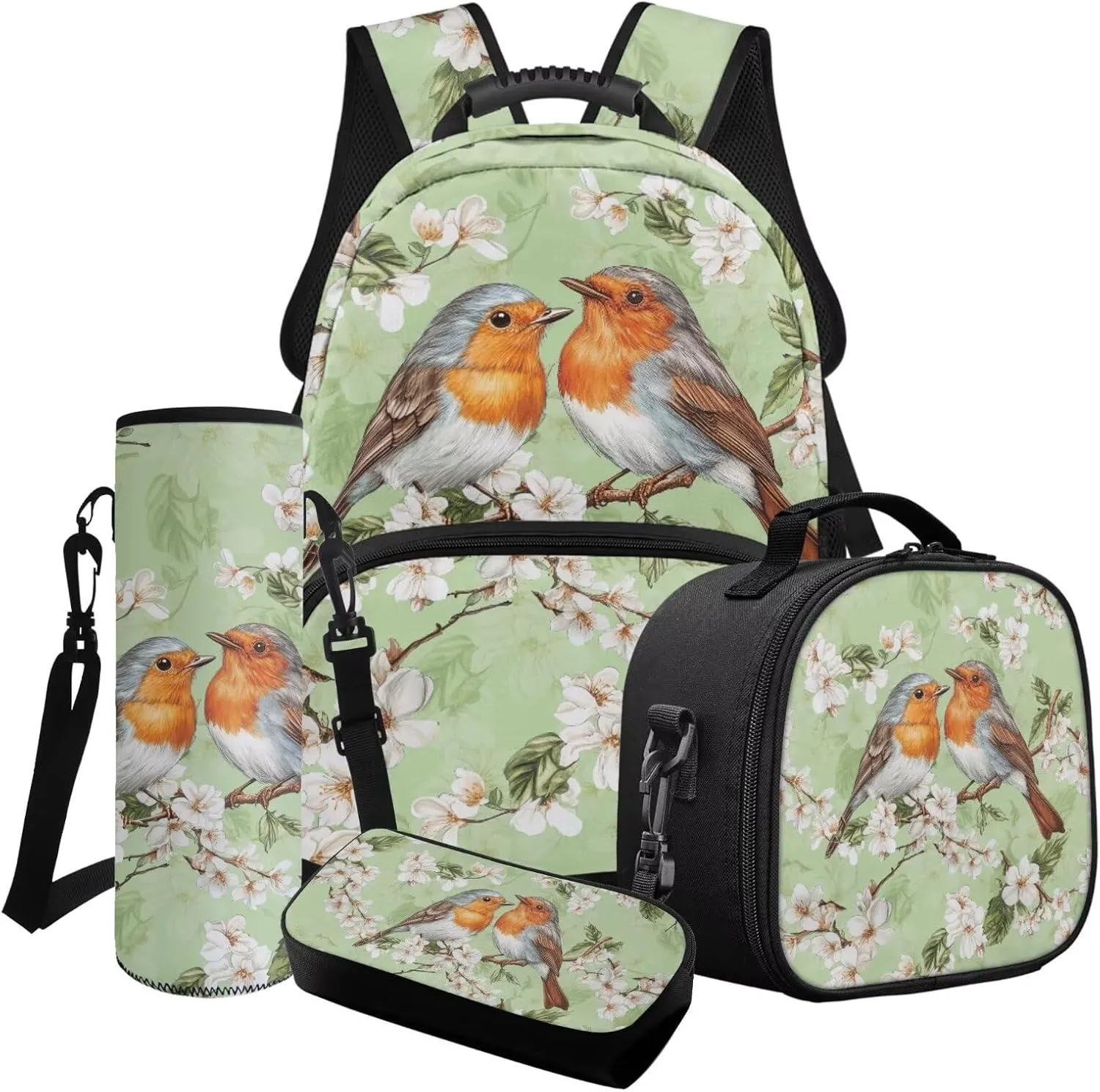 Poceacles School Bag 4 Piece Set for Girls Teens, 4 Piece Backpack Set with Pencil Case Lunch Tote Water Bottle Sleeve, Comfortable Lightweight Bookbag, Robin Bird Flower Green