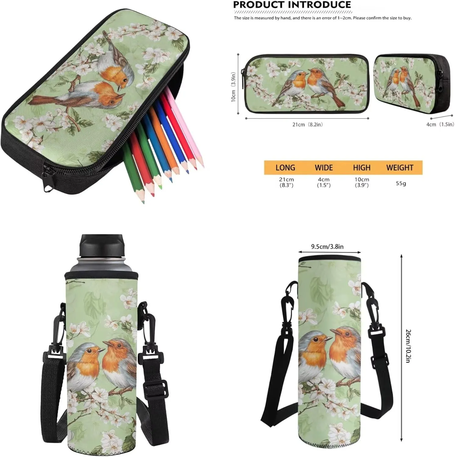 Poceacles School Bag 4 Piece Set for Girls Teens, 4 Piece Backpack Set with Pencil Case Lunch Tote Water Bottle Sleeve, Comfortable Lightweight Bookbag, Robin Bird Flower Green