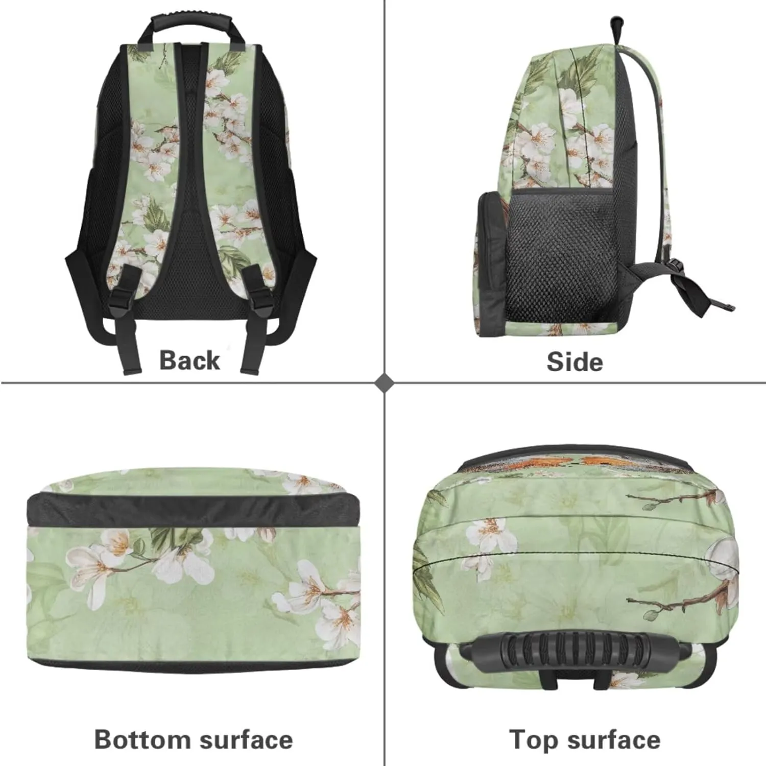 Poceacles School Bag 4 Piece Set for Girls Teens, 4 Piece Backpack Set with Pencil Case Lunch Tote Water Bottle Sleeve, Comfortable Lightweight Bookbag, Robin Bird Flower Green