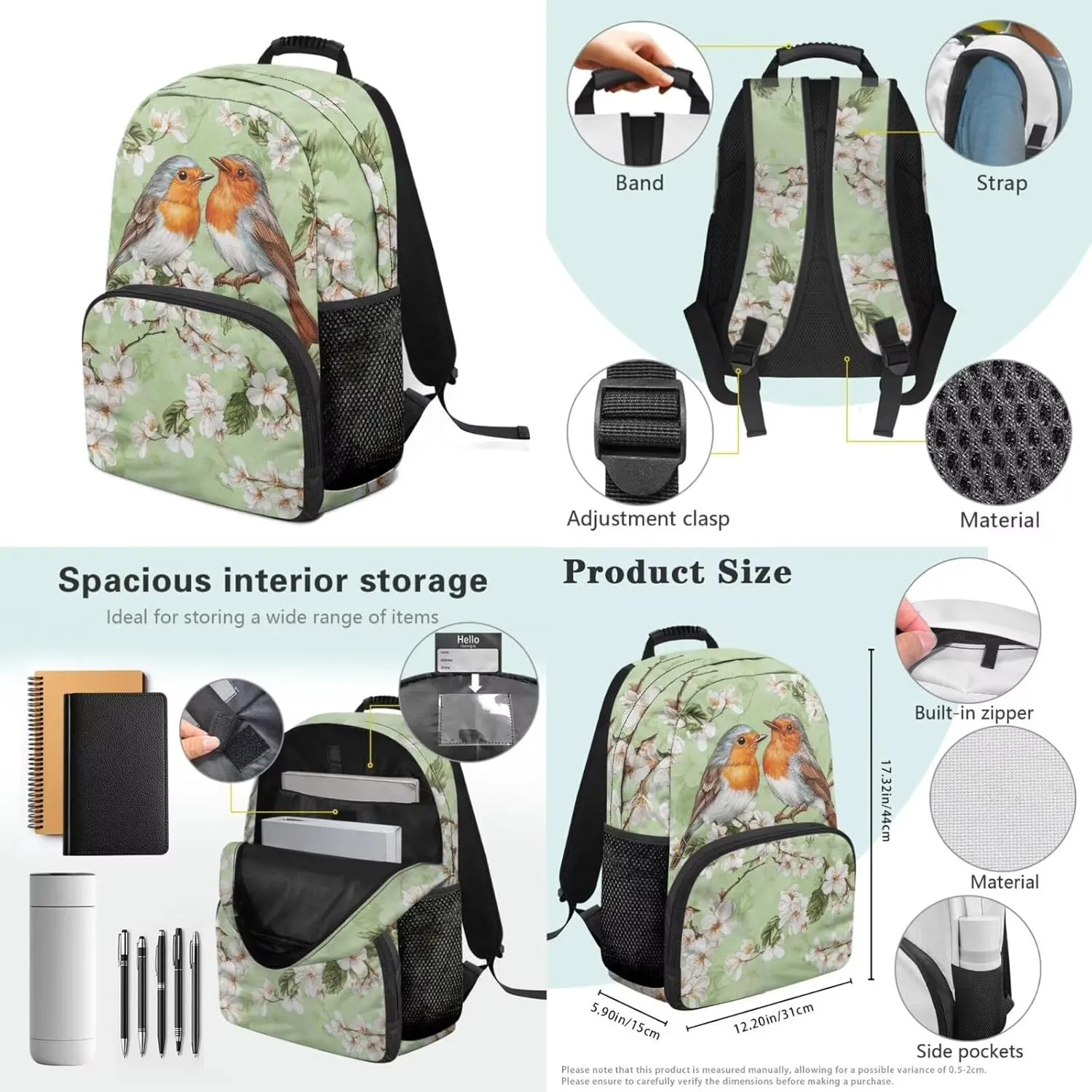 Poceacles School Bag 4 Piece Set for Girls Teens, 4 Piece Backpack Set with Pencil Case Lunch Tote Water Bottle Sleeve, Comfortable Lightweight Bookbag, Robin Bird Flower Green