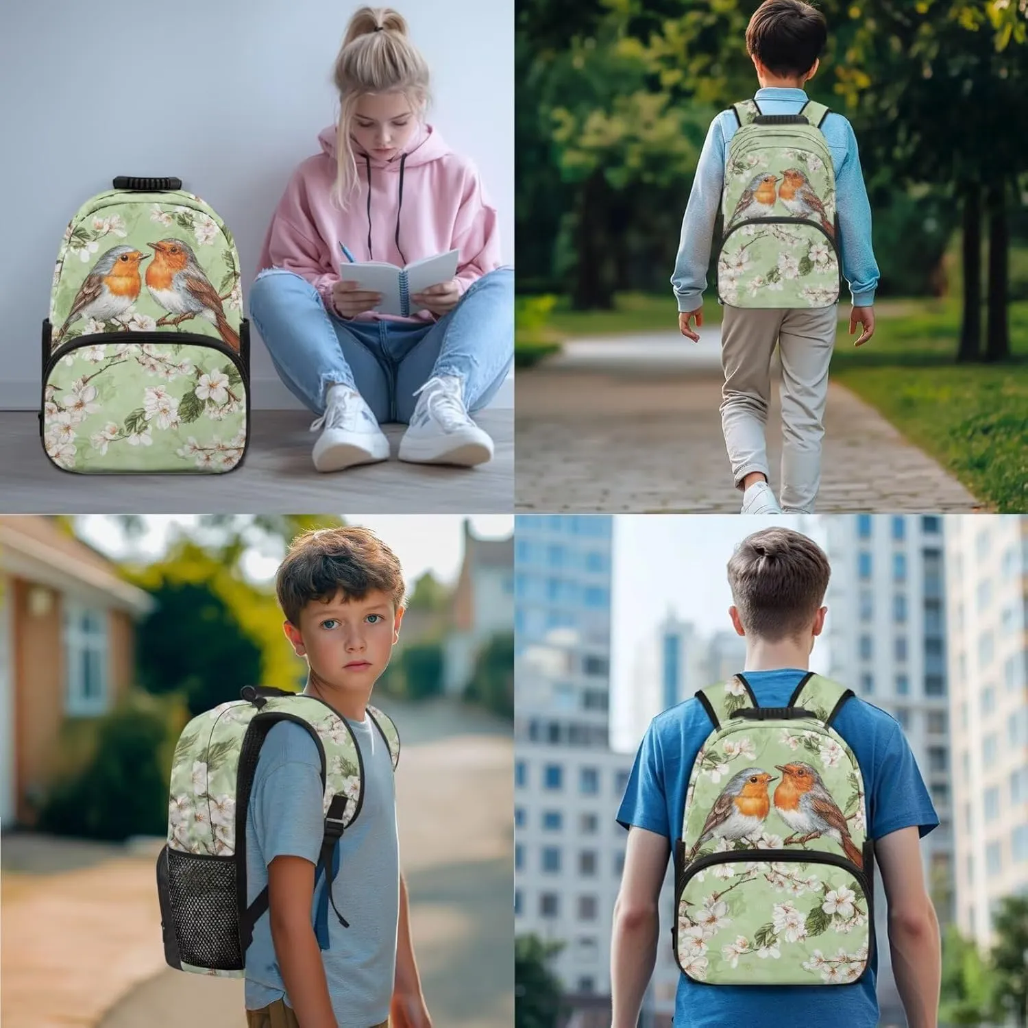 Poceacles School Bag 4 Piece Set for Girls Teens, 4 Piece Backpack Set with Pencil Case Lunch Tote Water Bottle Sleeve, Comfortable Lightweight Bookbag, Robin Bird Flower Green