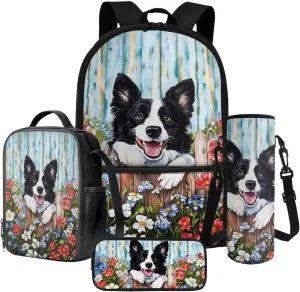 Poceacles School Bag for Girls Boys, 4 Pcs Backpack Schoolbag Book Bag Lightweight Rucksack with Lunch Bag Pencil Case Water Bottle Carrier for Day Trips Vacation, Border Collie Dog Wood Grain Blue