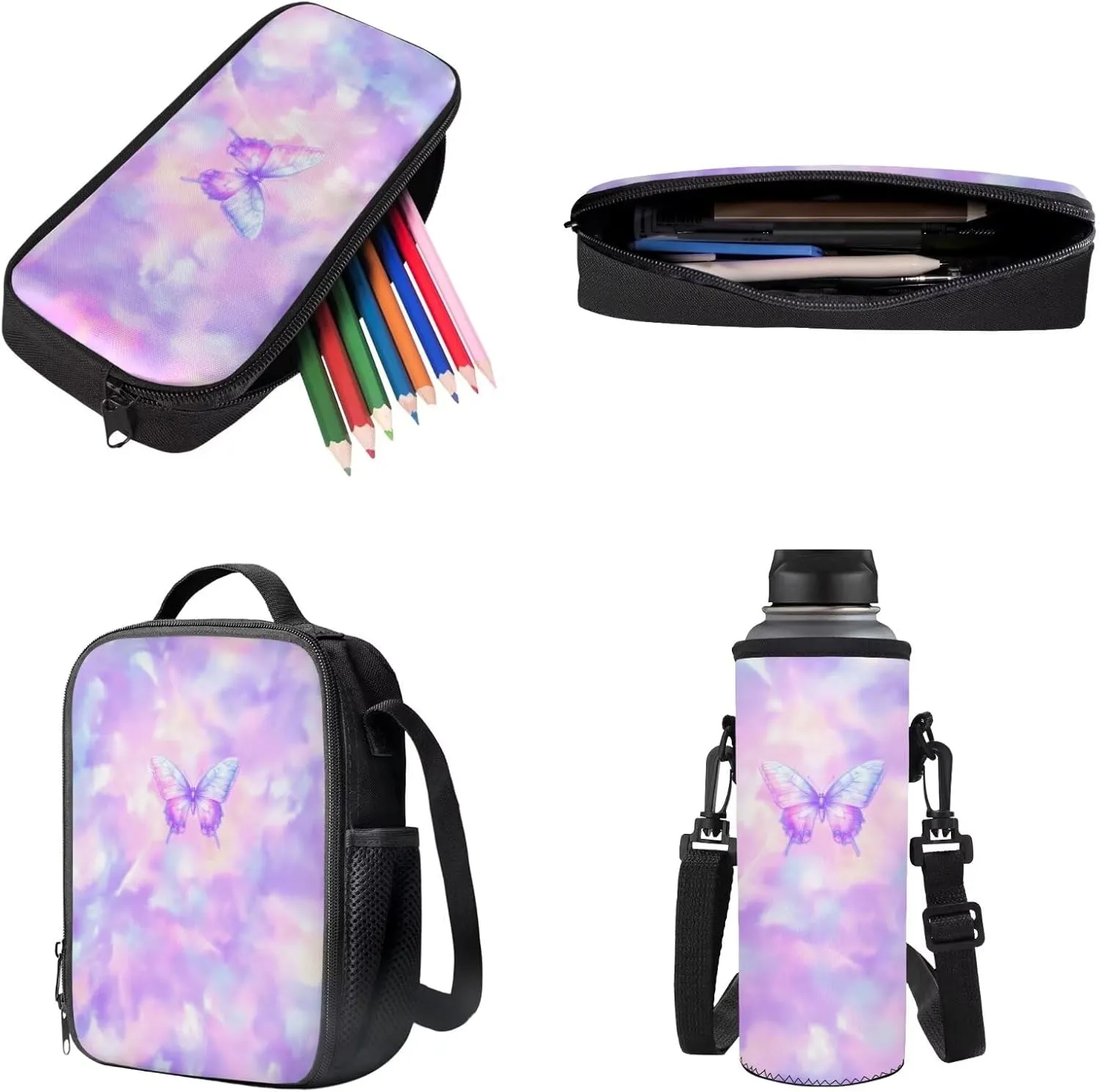 Poceacles School Bag Set 4-Piece Students Backpack Set with Lunchbag Bottle Sleeve, Pencil Case for Kids Boys Girls, Ideal for Primary, Middle, Secondary School, Butterfly Violet Pink Tie-dye