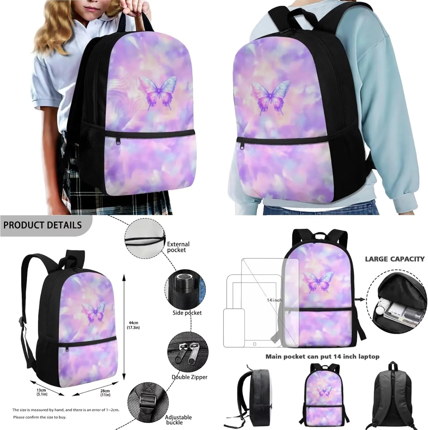 Poceacles School Bag Set 4-Piece Students Backpack Set with Lunchbag Bottle Sleeve, Pencil Case for Kids Boys Girls, Ideal for Primary, Middle, Secondary School, Butterfly Violet Pink Tie-dye