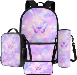 Poceacles School Bag Set 4-Piece Students Backpack Set with Lunchbag Bottle Sleeve, Pencil Case for Kids Boys Girls, Ideal for Primary, Middle, Secondary School, Butterfly Violet Pink Tie-dye