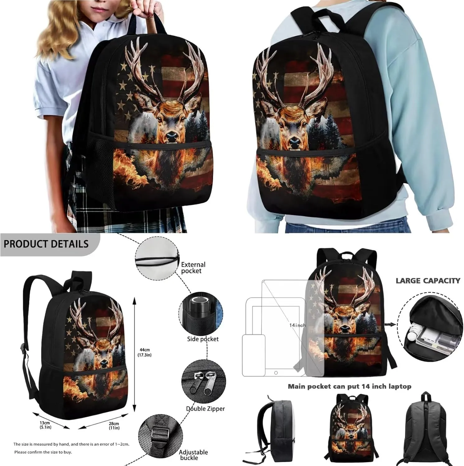 Poceacles Student Backpack Set 4 PCS Kids School Bag Set, Includes Backpack Insulated Lunch Box Bag Water Bottle Carrier Pencil Case for Primary Secondary School, American Flag Deer Cedar Tree