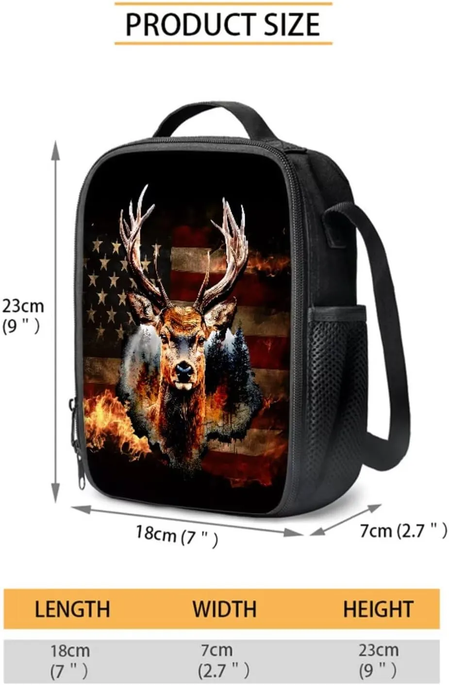 Poceacles Student Backpack Set 4 PCS Kids School Bag Set, Includes Backpack Insulated Lunch Box Bag Water Bottle Carrier Pencil Case for Primary Secondary School, American Flag Deer Cedar Tree