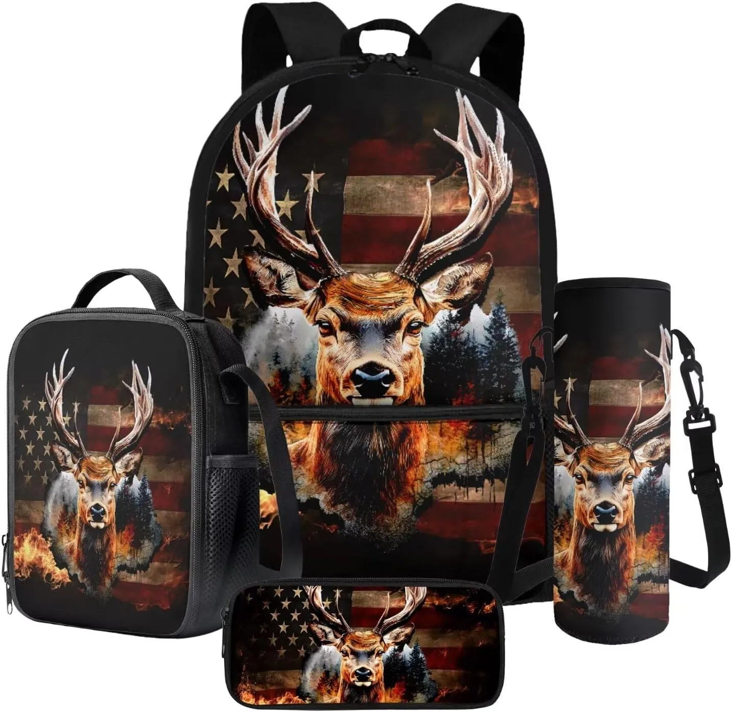 Poceacles Student Backpack Set 4 PCS Kids School Bag Set, Includes Backpack Insulated Lunch Box Bag Water Bottle Carrier Pencil Case for Primary Secondary School, American Flag Deer Cedar Tree