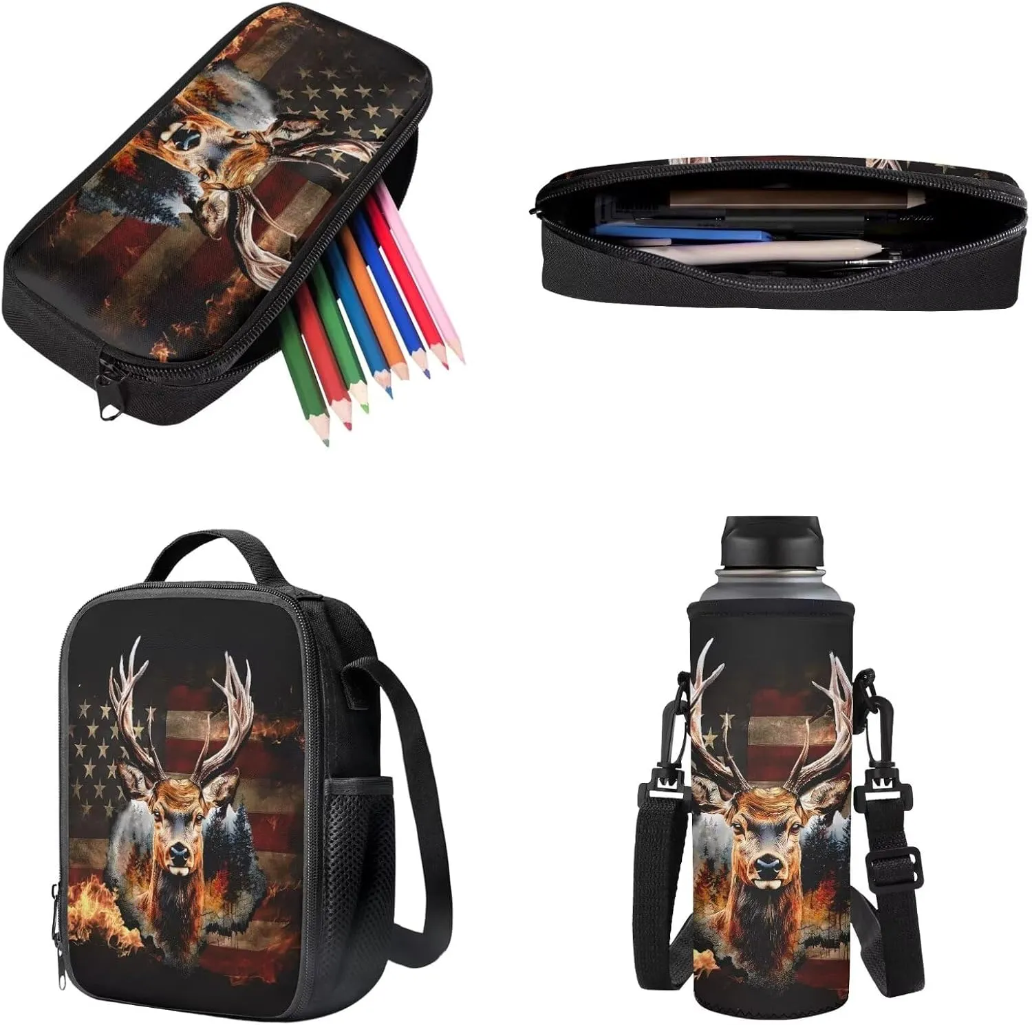 Poceacles Student Backpack Set 4 PCS Kids School Bag Set, Includes Backpack Insulated Lunch Box Bag Water Bottle Carrier Pencil Case for Primary Secondary School, American Flag Deer Cedar Tree