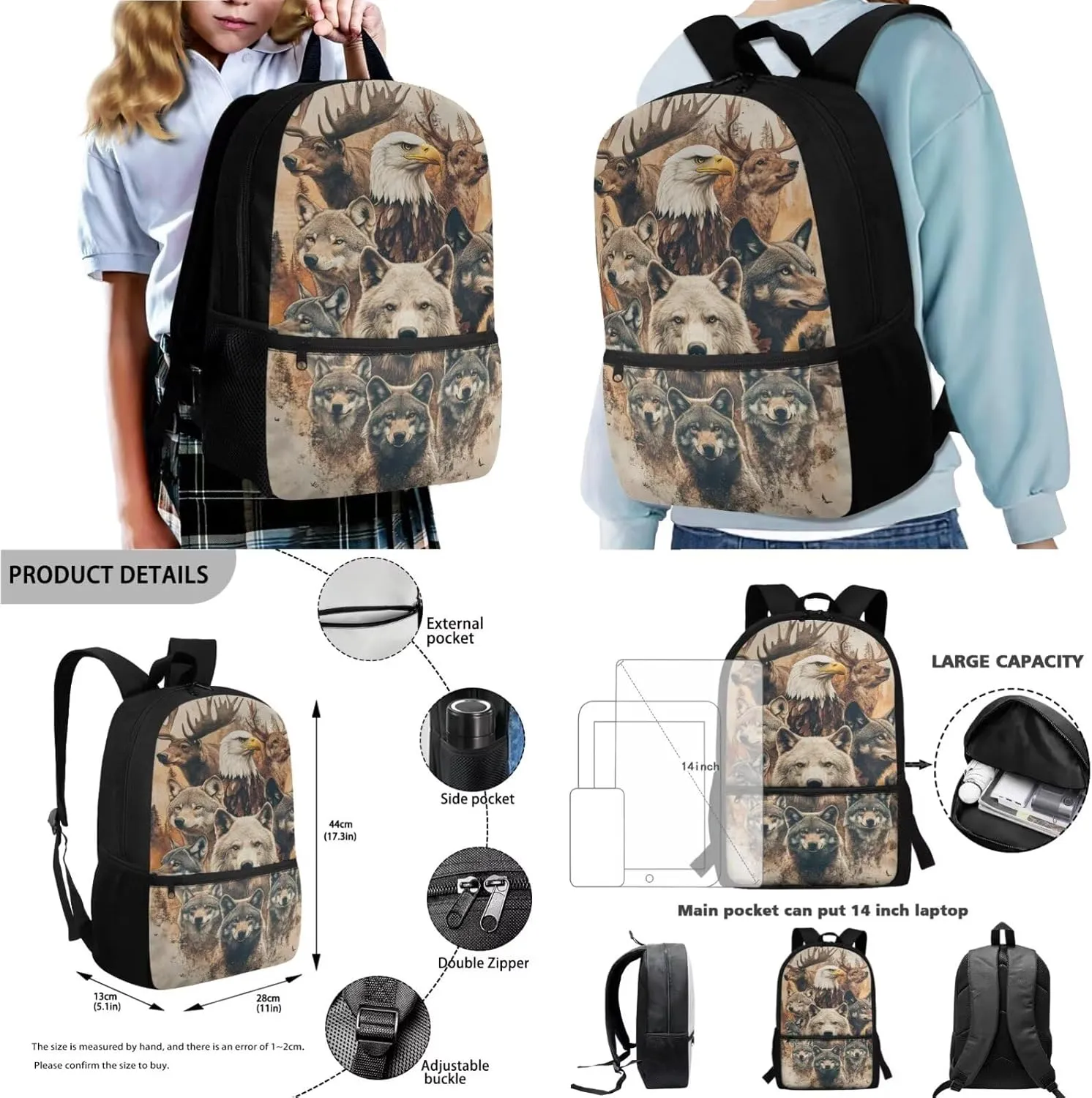 Poceacles Student Backpack Set for Boys Teenagers, 4 Piece Kids School Bag Set Including Insulated Lunchbag Pencil Bag Water Bottle Holder Rucksack Fits 14 Inch Laptop, Bear Wolf Eagle Deer