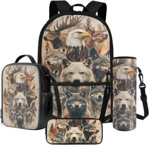 Poceacles Student Backpack Set for Boys Teenagers, 4 Piece Kids School Bag Set Including Insulated Lunchbag Pencil Bag Water Bottle Holder Rucksack Fits 14 Inch Laptop, Bear Wolf Eagle Deer