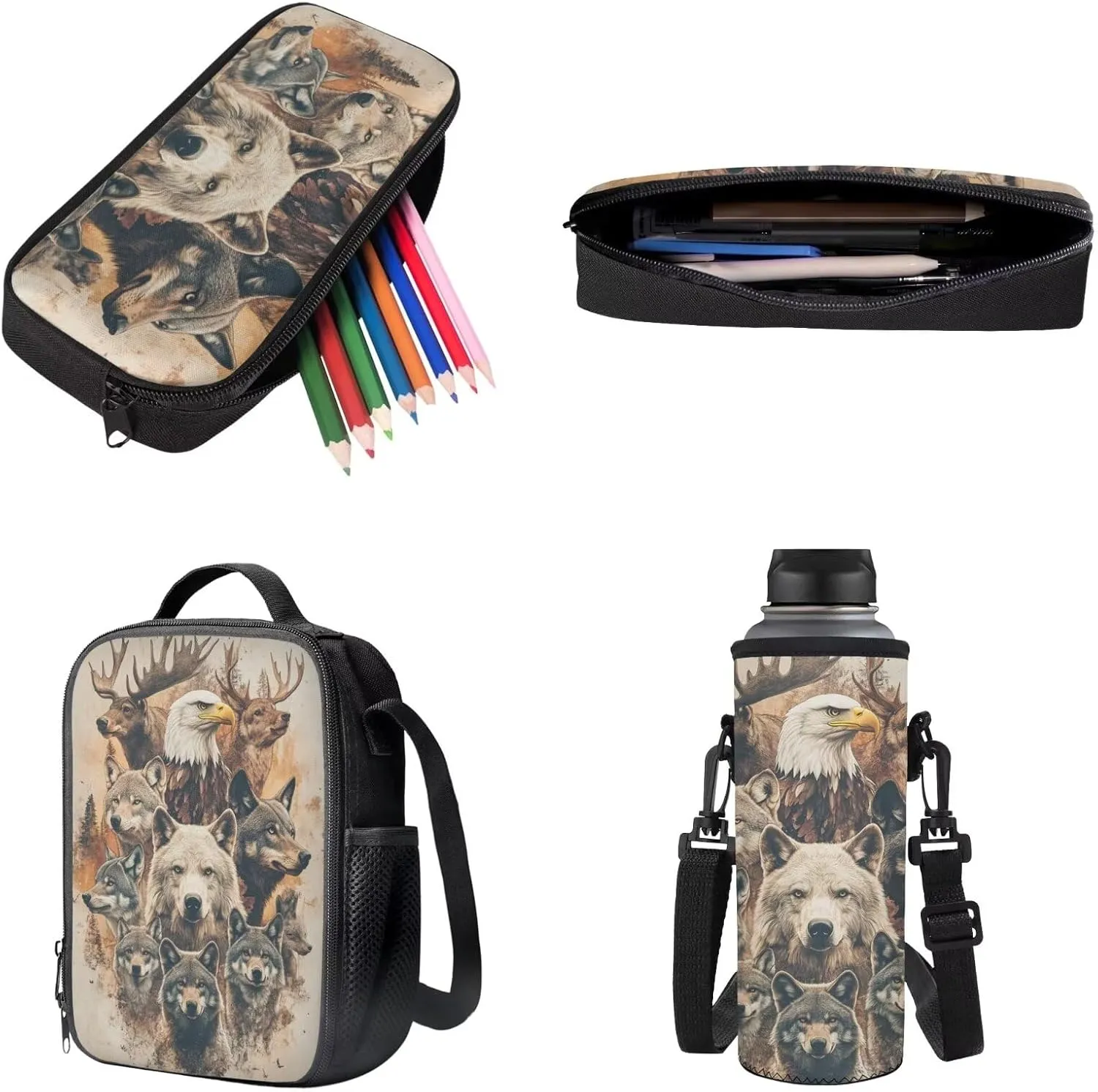 Poceacles Student Backpack Set for Boys Teenagers, 4 Piece Kids School Bag Set Including Insulated Lunchbag Pencil Bag Water Bottle Holder Rucksack Fits 14 Inch Laptop, Bear Wolf Eagle Deer