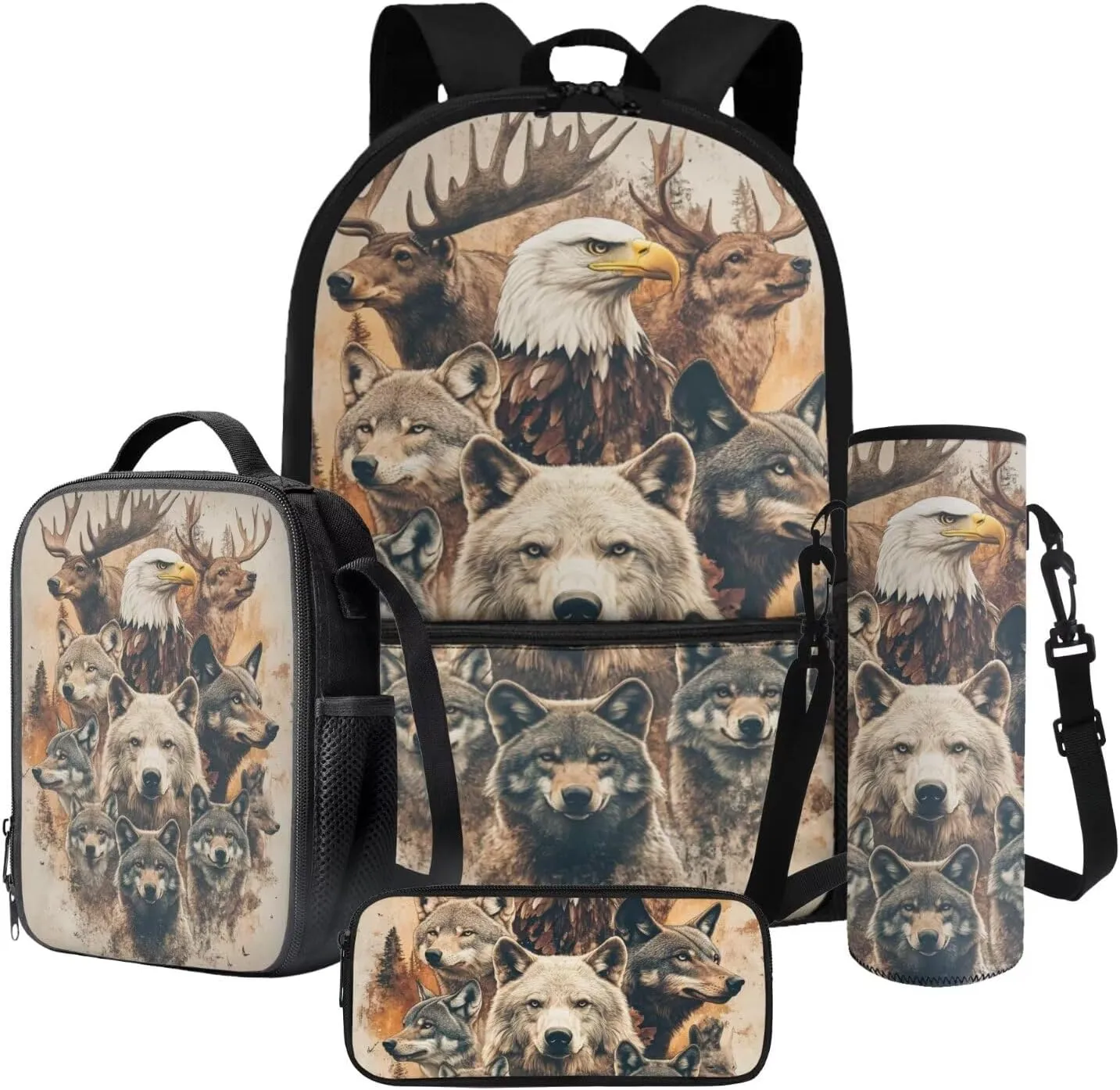 Poceacles Student Backpack Set for Boys Teenagers, 4 Piece Kids School Bag Set Including Insulated Lunchbag Pencil Bag Water Bottle Holder Rucksack Fits 14 Inch Laptop, Bear Wolf Eagle Deer