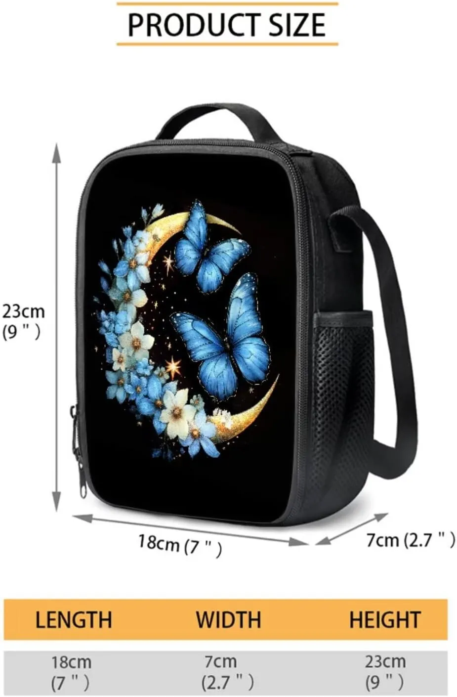 Poceacles Student Backpack Set for School Travel, 4-Piece Sets Including Lightweight Rucksack with Adjustable Shoulder Straps, Lunch Bag, Pencil Case, Bottle Bag, Butterfly Moon Flower Blue Black