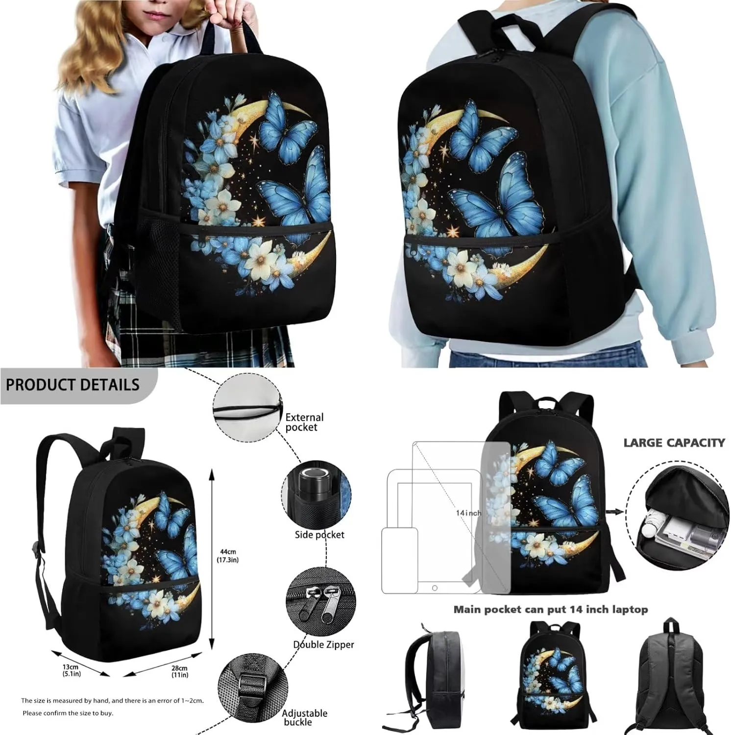Poceacles Student Backpack Set for School Travel, 4-Piece Sets Including Lightweight Rucksack with Adjustable Shoulder Straps, Lunch Bag, Pencil Case, Bottle Bag, Butterfly Moon Flower Blue Black