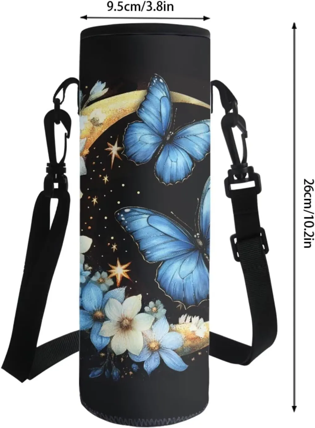 Poceacles Student Backpack Set for School Travel, 4-Piece Sets Including Lightweight Rucksack with Adjustable Shoulder Straps, Lunch Bag, Pencil Case, Bottle Bag, Butterfly Moon Flower Blue Black