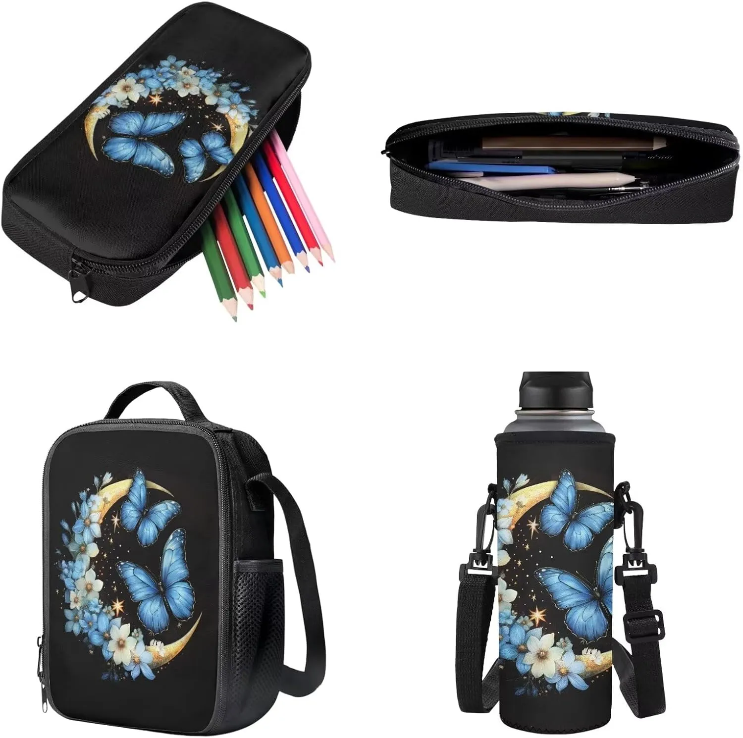 Poceacles Student Backpack Set for School Travel, 4-Piece Sets Including Lightweight Rucksack with Adjustable Shoulder Straps, Lunch Bag, Pencil Case, Bottle Bag, Butterfly Moon Flower Blue Black