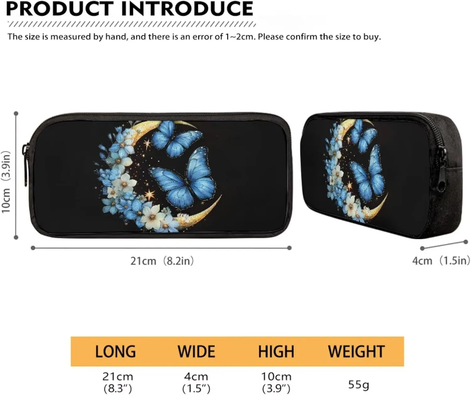 Poceacles Student Backpack Set for School Travel, 4-Piece Sets Including Lightweight Rucksack with Adjustable Shoulder Straps, Lunch Bag, Pencil Case, Bottle Bag, Butterfly Moon Flower Blue Black