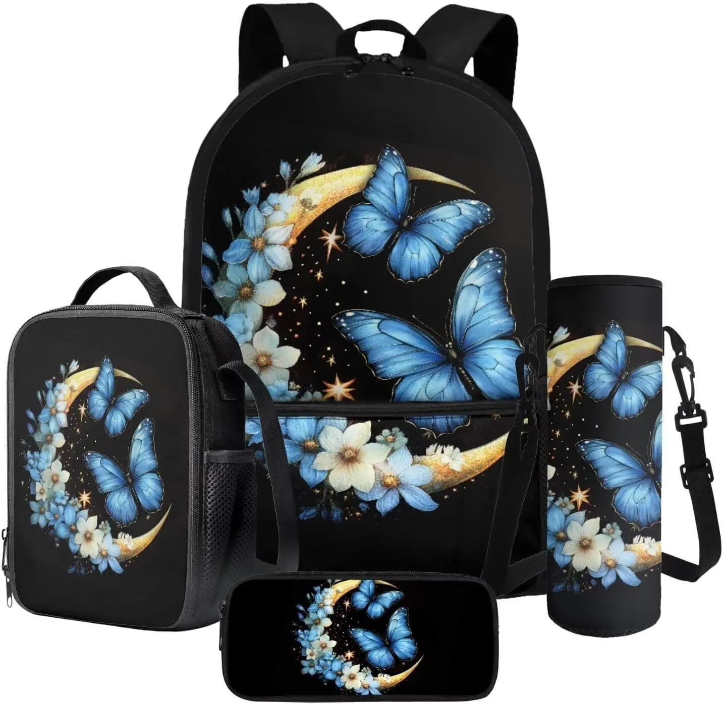Poceacles Student Backpack Set for School Travel, 4-Piece Sets Including Lightweight Rucksack with Adjustable Shoulder Straps, Lunch Bag, Pencil Case, Bottle Bag, Butterfly Moon Flower Blue Black
