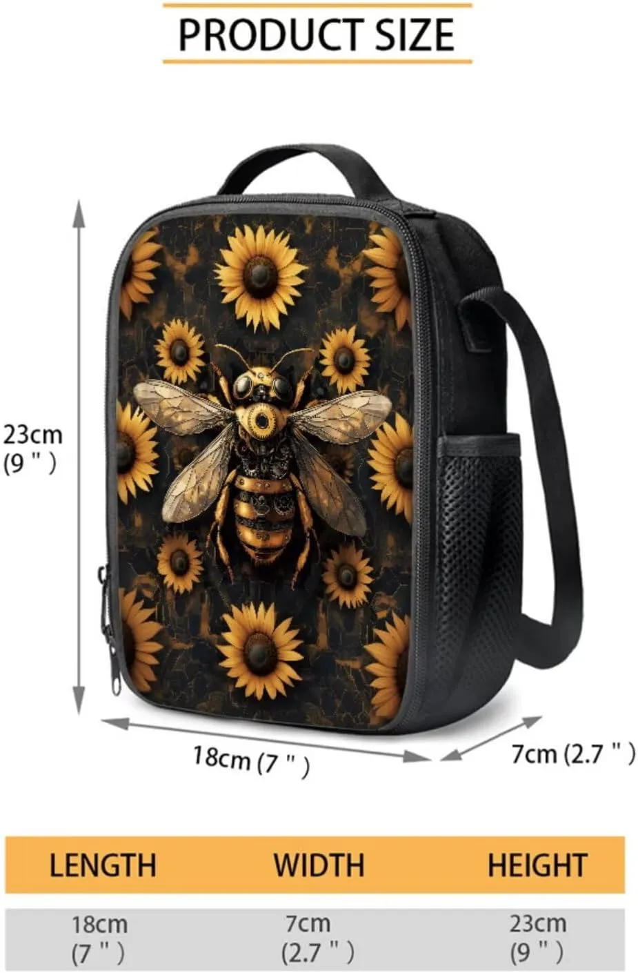 Poceacles Unisex School Backpack Set 4 Pcs Kids Schoolbag with Insulated Lunch Box Bag Water Bottle Carrier Pencil Case Rucksack Fits 14" Laptop, Mechanical Bee Sunflower
