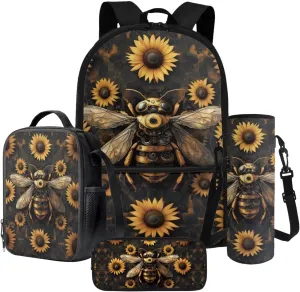 Poceacles Unisex School Backpack Set 4 Pcs Kids Schoolbag with Insulated Lunch Box Bag Water Bottle Carrier Pencil Case Rucksack Fits 14" Laptop, Mechanical Bee Sunflower