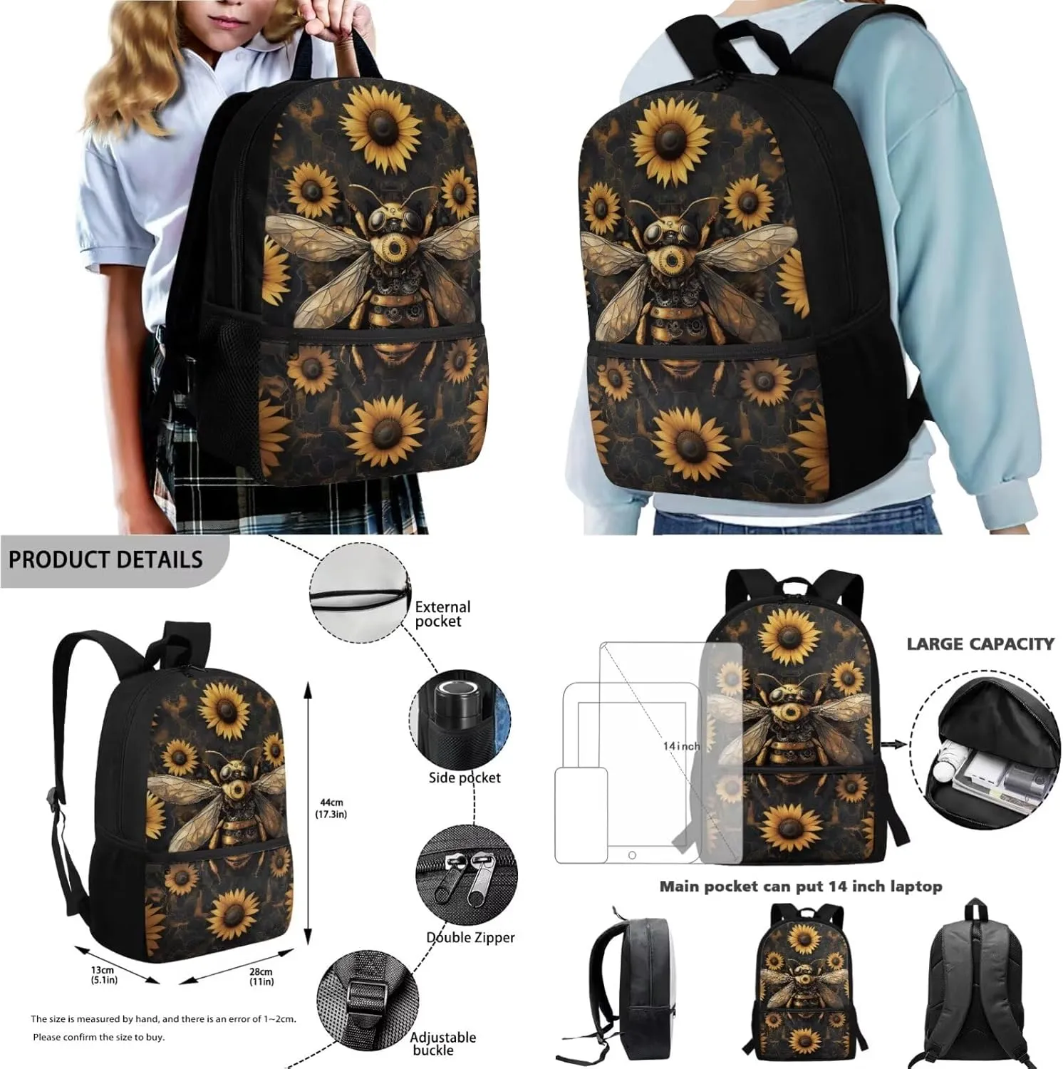 Poceacles Unisex School Backpack Set 4 Pcs Kids Schoolbag with Insulated Lunch Box Bag Water Bottle Carrier Pencil Case Rucksack Fits 14" Laptop, Mechanical Bee Sunflower