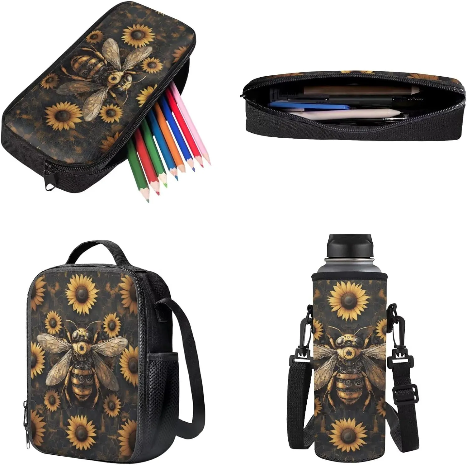 Poceacles Unisex School Backpack Set 4 Pcs Kids Schoolbag with Insulated Lunch Box Bag Water Bottle Carrier Pencil Case Rucksack Fits 14" Laptop, Mechanical Bee Sunflower